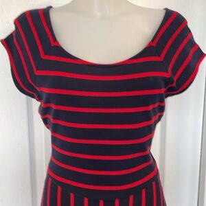 MARKET&SPRUCE WRAP BACK DRESS RED/NAVY BLUE STRIPED CAP SLEEVE SIZE MED PETITE